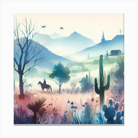 Watercolor Landscape With Horses And Cactus Canvas Print