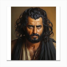 1. man 2. beard 3. brown shawl 4. gold necklace 5. serious expression 6. looking. .man with long, dark hair and a beard. He is wearing a brown shawl and has a gold necklace around his neck. The man has a serious expression on his face and is looking directly at the camera. Canvas Print