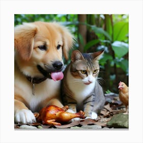 Cat And Dog Eating Chicken Canvas Print