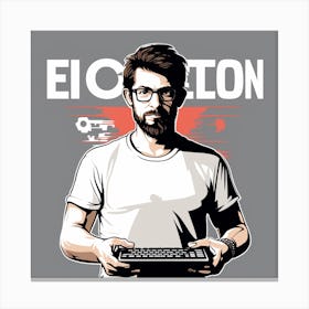 Create A Vivid Image Of A Man Standing In Front Of A Computer, Holding A Keyboard And Mouse Canvas Print