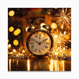 Festive New Year 2024 Vintage Clock With Fireworks Canvas Print