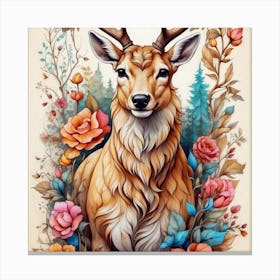 Deer With Flowers Canvas Print