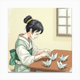 A Japanese Woman Arranging Delicate Paper Cranes On A Wooden Table, Peaceful Scene, Watercolor Art Canvas Print