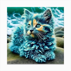 Blue Cat on the Beach: Whimsical Coastal Art for Charming Home Decor Canvas Print