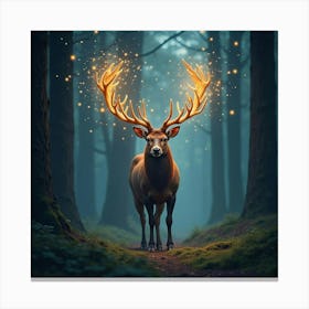 A Majestic Stag With Antlers Of Cascading, Starry Light Standing In A Magical Forest 1 Canvas Print