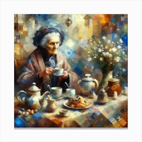 Elderly Lady At Tea Time Abstract 2 Canvas Print