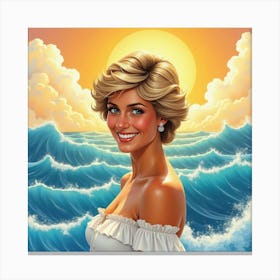 Smiling Princess Diana In Front Of Watercolor Ocean Waves And Golden Sky 1 Canvas Print