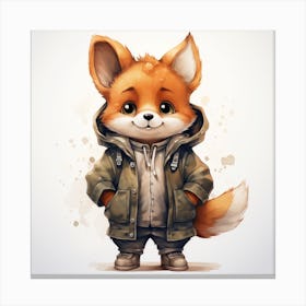 Watercolour Cartoon Fox In A Hoodie 1 Canvas Print