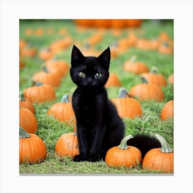 Cute Black Kitten With Pumpkins Canvas Print