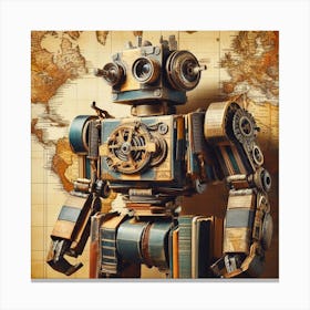 Robot On A World Map Canvas Print