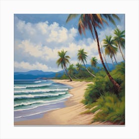 Day At The Beach, A Tranquil Beach Scene With Palm Trees And Gentle Waves art print Canvas Print