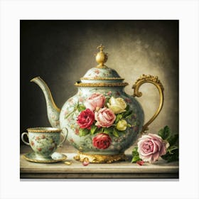 A very finely detailed Victorian style teapot with flowers, plants and roses in the center with a tea cup 11 Canvas Print