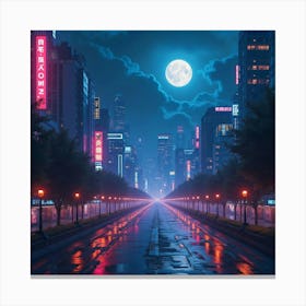 Cyberpunk Cityscape With Neon Lights, Watercolor Night Sky 1 Canvas Print