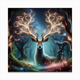 An Elegant, Luminous Stag With Its Antlers Morphing Into Tree Branches, Set Against The Backdrop Of A Mystical Forest Canvas Print