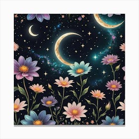 Seamless Pattern With Flowers And Moon Canvas Print
