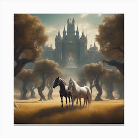 Two Horses In Front Of A Castle Canvas Print