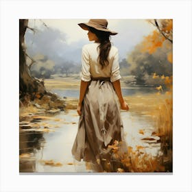 Woman Walking By A River Canvas Print