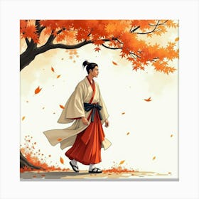 Elegant Japanese Man In Traditional Attire, Strolling Under Autumn Leaves, Watercolor Style Canvas Print