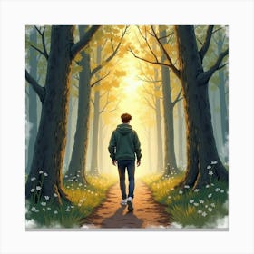 Watercolor Of Justin Bieber Walking Through A Misty Forest Path At Dawn Canvas Print