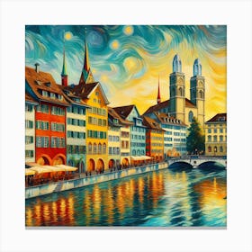 Zurich's old town of Switzerland, with Grossmunster Church, colorful buildings, river, painting art Canvas Print