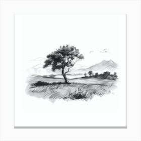 Sketch Effect Single Tree Landscape Canvas Print