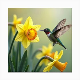 Hummingbird Near Daffodils 1 Canvas Print