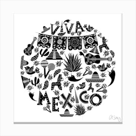 Black And White Doodle Viva Mexico Canvas Print
