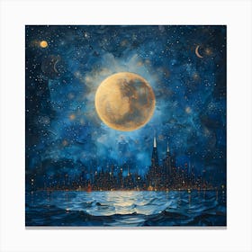 Full Moon Over Chicago,Tiny Dots, Pointillism Canvas Print