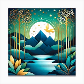 Abstract Landscape With Trees And Moon, vector art Canvas Print