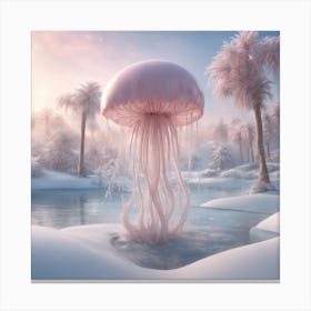 Digital Oil, Jellyfish Wearing A Winter Coat, Whimsical And Imaginative, Soft Snowfall, Pastel Pinks (1) Canvas Print