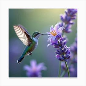 A Delicate Hummingbird With Sparkling Wings, Hovering Near A Floating Lavender Blossom Canvas Print