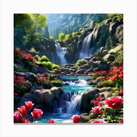 Waterfall And Tulips Canvas Print