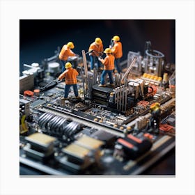 Miniature Workers On A Computer Motherboard Canvas Print