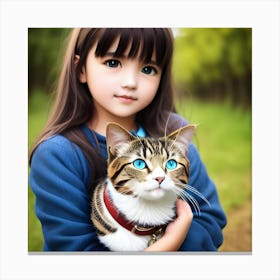 Little Girl Holding A Cat Canvas Print