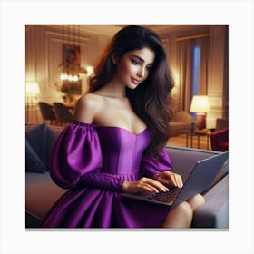 Beautiful Woman In Purple Dress Using Laptop 2 Canvas Print