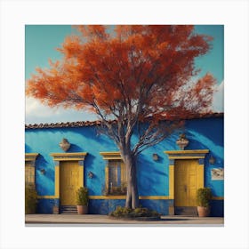 Blue House With Yellow Tree Canvas Print