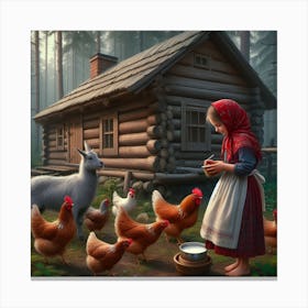 A girl with hens and a goat Canvas Print