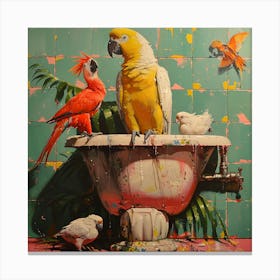 Parrots In The Bath 1 Canvas Print