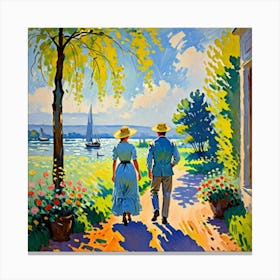 Couple Walking By The Lake Canvas Print