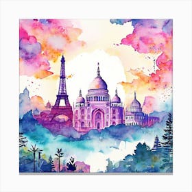 Watercolor Of Paris, Travel Posters A Retro-Inspired Travel Posters Showcasing Iconic Destination Canvas Print