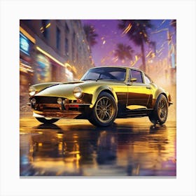 Golden Car In The Rain Canvas Print