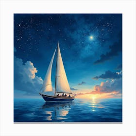 Scenic Sailboat Journey In Watercolor Starry Night 1 Canvas Print