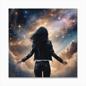 Create A Cinematic Scene Where A Mysterious Woman In A Black Leather Jacket Floats Gracefully Through The Cosmos, Surrounded By Swirling Clouds Of Stars And Galaxies Canvas Print