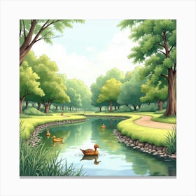 A Scenic English Park With A Duck Pond And Walking Paths, Watercolor Style 1 Canvas Print