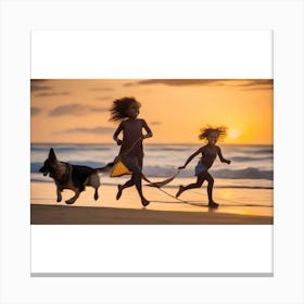 Two Girls And A Dog At Sunset Canvas Print