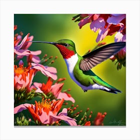 Ruby Throated Hummingbird Wings Vibrating Hastily As It Sips Nectar From A Myriad Of Vibrant Flower 327434654 Canvas Print