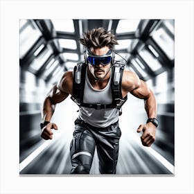 Alpha Male Model Running In High Speed, Wearing Futuristic Sonic Armor Exoskeletons And Vr Headset With Headphones Award Winning Photography With Sports Car, Designed By Apple Studio (2) Canvas Print