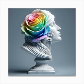 A White Marble Bust Of Rainbow Colored Rose On A Grey Background, 3d 7 Canvas Print