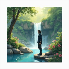 Keanu Reeves In A Tranquil Watercolor Garden With Cascading Waterfalls Canvas Print