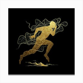Perseverance and Resilience: A Striking Silhouette Running Through the Storm - Minimalist Art with Gold Botanical Double Exposure on a Dark Background | Painting, Dark Fantasy, Ukiyo-e, Anime, and More. Canvas Print